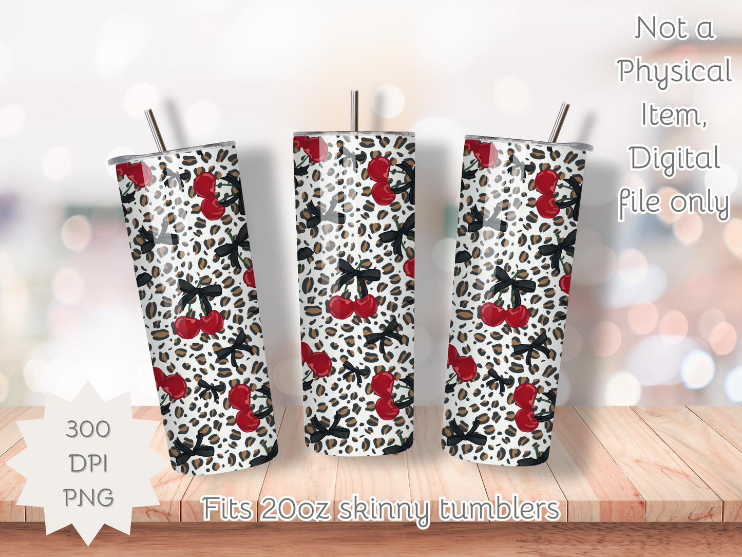 Leopards and Cherries Seamless PNG 20oz Skinny Tumbler Wrap | Sublimation 300 DPI Straight Tumbler Wrap | PNG Digital Wrap Digital Download