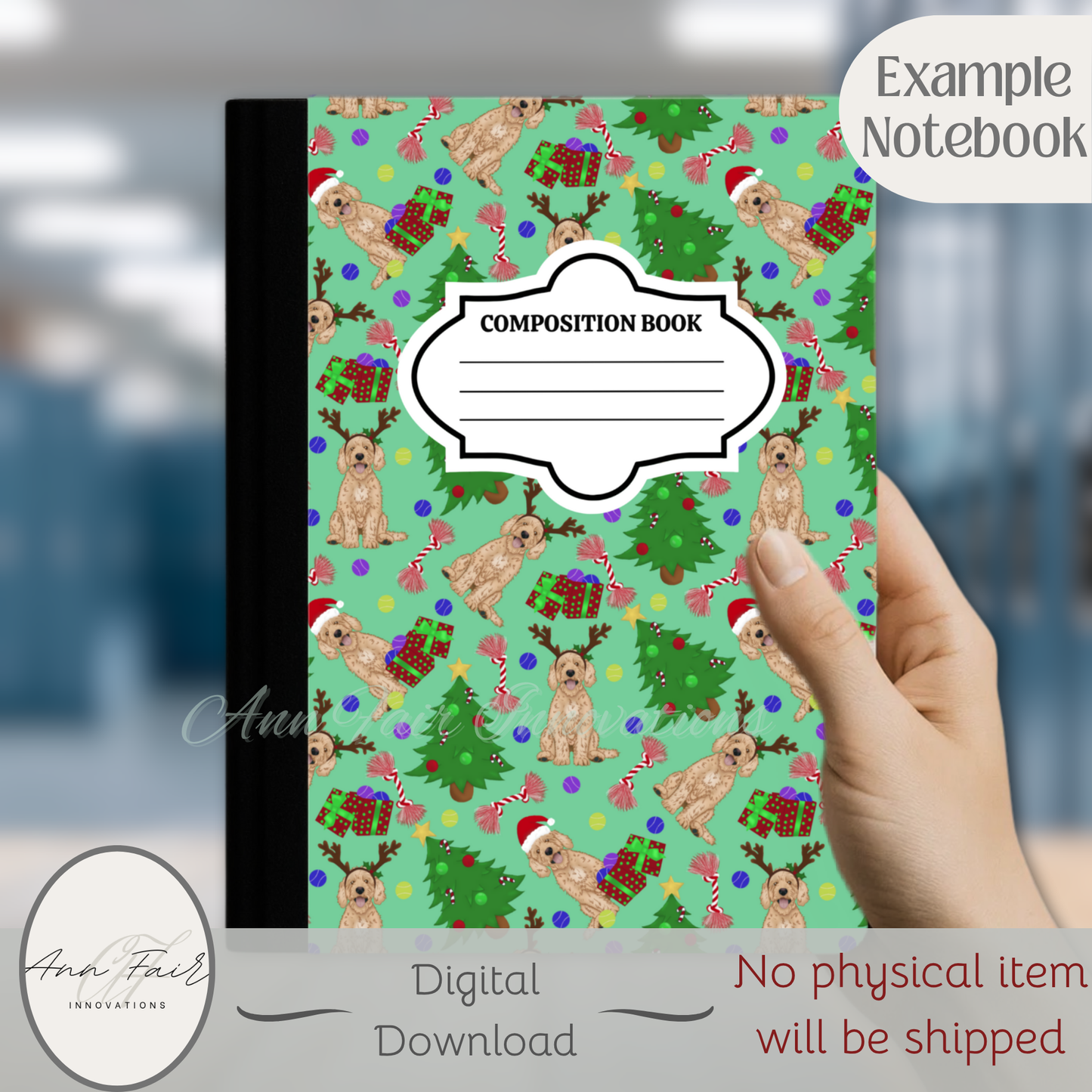 Goldendoodle Christmas Composition Notebook Cover | Digital Download PNG | Back to School, Journaling, DIY Custom Notebook, Sticker Paper Cover