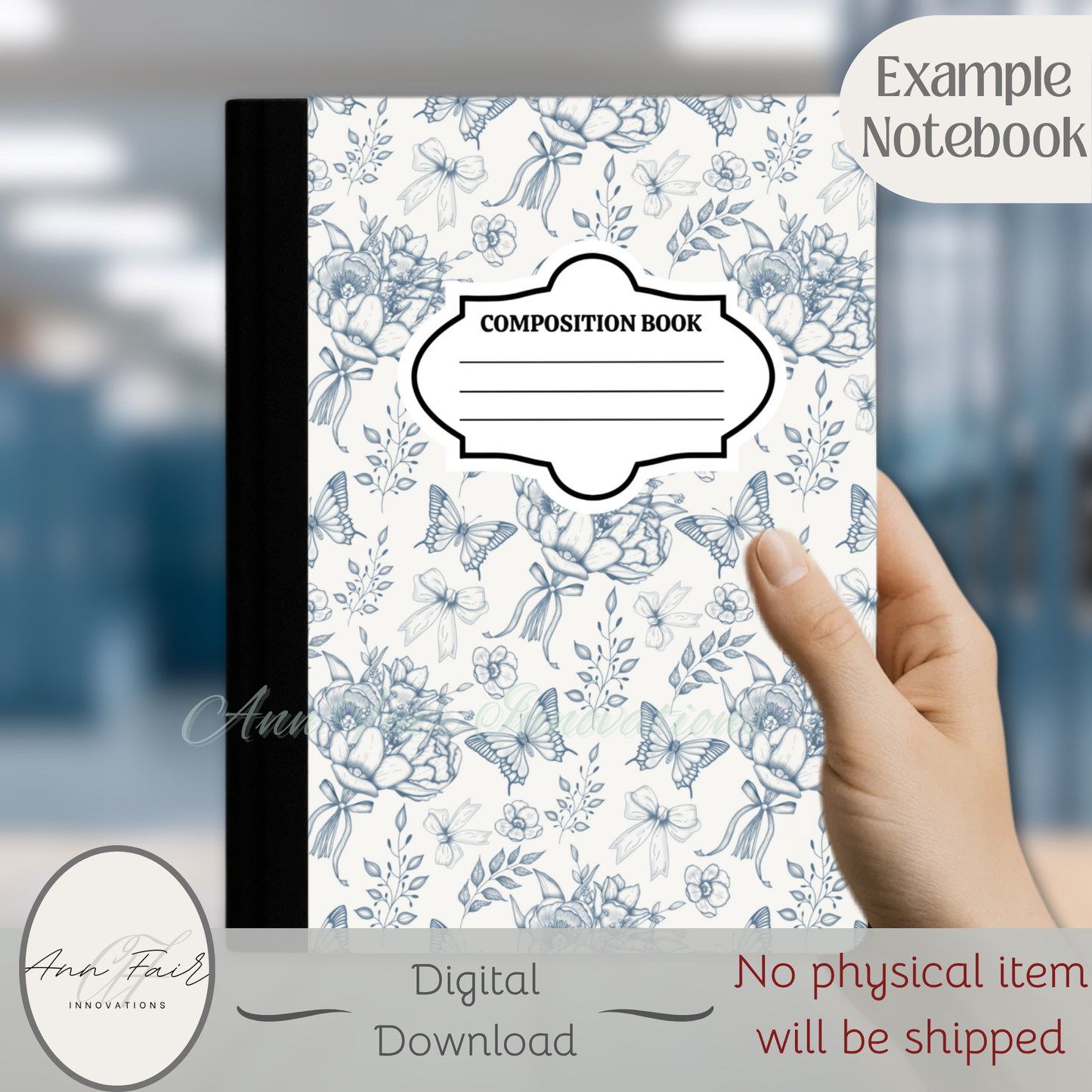 Toile De Jouy Bouquet in Blue Composition Notebook Cover | Digital Download PNG | Back to School, Journaling, DIY Custom Notebook, Sticker Paper Cover