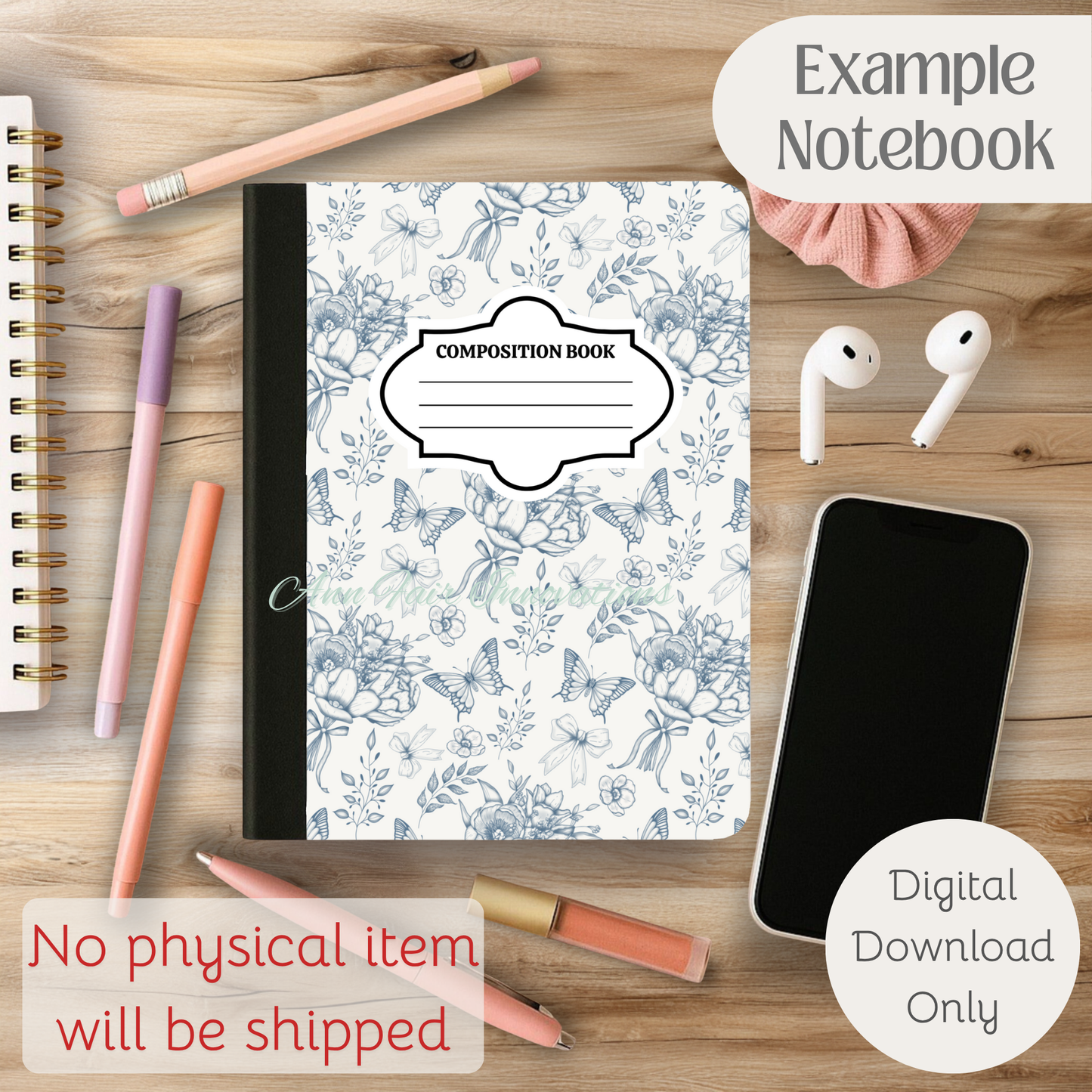 Toile De Jouy Bouquet in Blue Composition Notebook Cover | Digital Download PNG | Back to School, Journaling, DIY Custom Notebook, Sticker Paper Cover