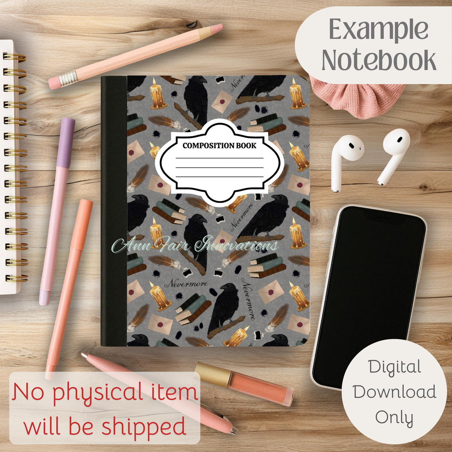 Nevermore in Grey Composition Notebook Cover | Digital Download PNG | Back to School, Journaling, DIY Custom Notebook, Sticker Paper Cover