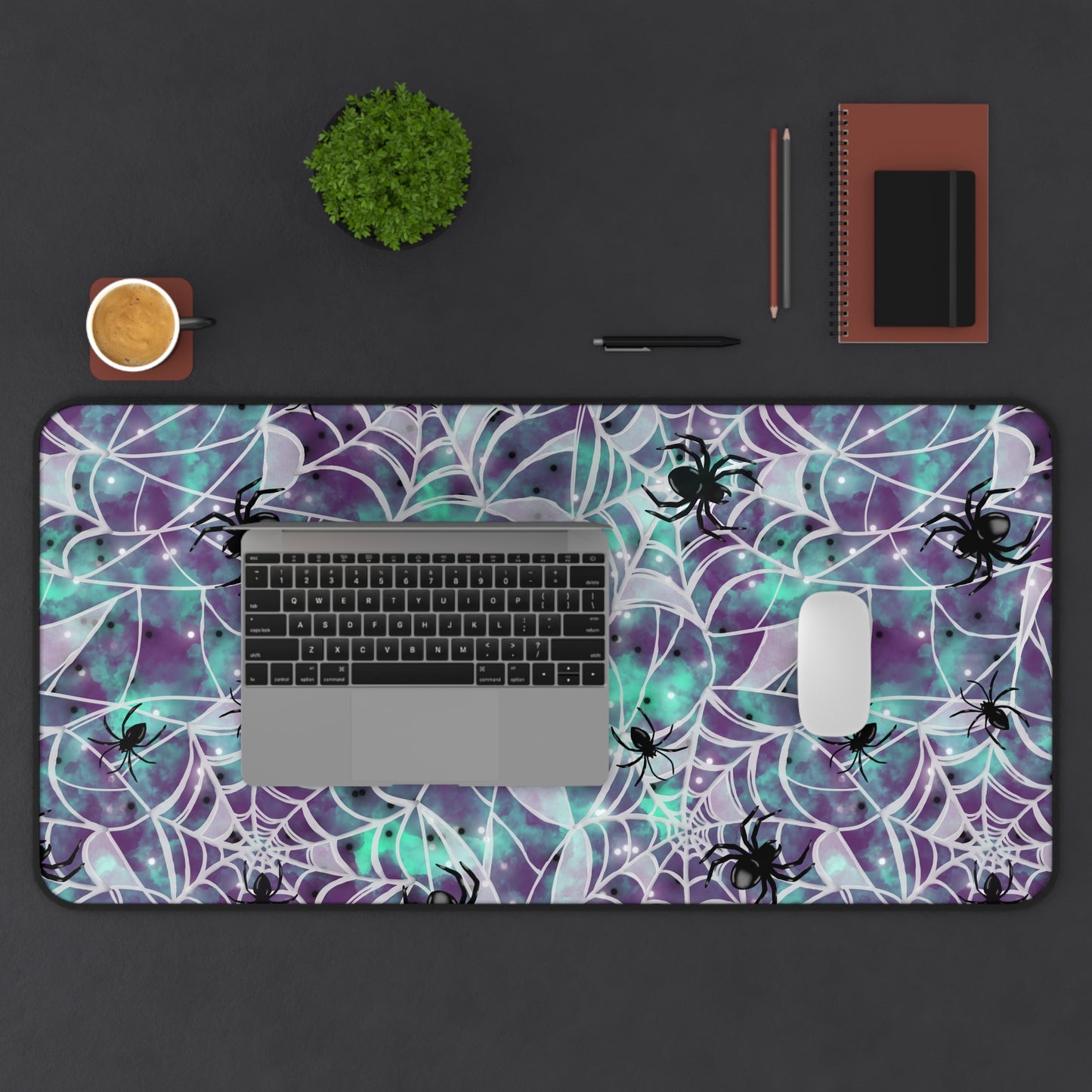 Desk Mat - Spooky Spider Web Pattern - Purple and Turquoise - Halloween Vibes
