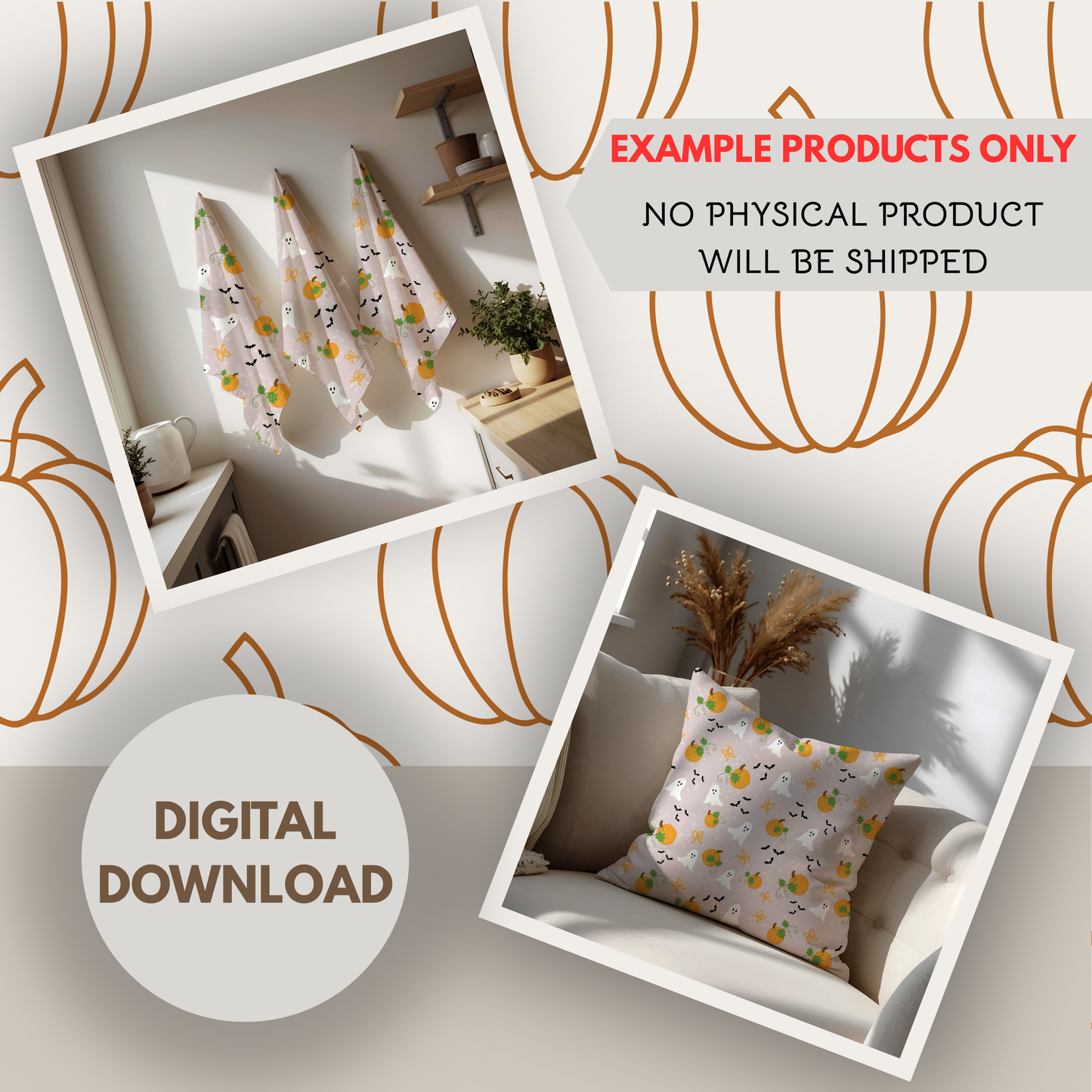 Pumpkins and Ghosts on Cream background Seamless Hand Drawn Digital Pattern | 300 DPI PNG | Instant Download