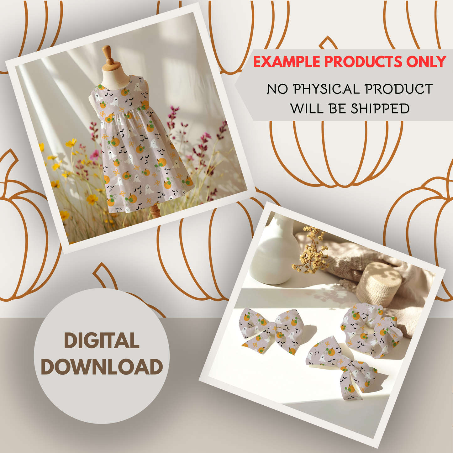 Pumpkins and Ghosts on Cream background Seamless Hand Drawn Digital Pattern | 300 DPI PNG | Instant Download