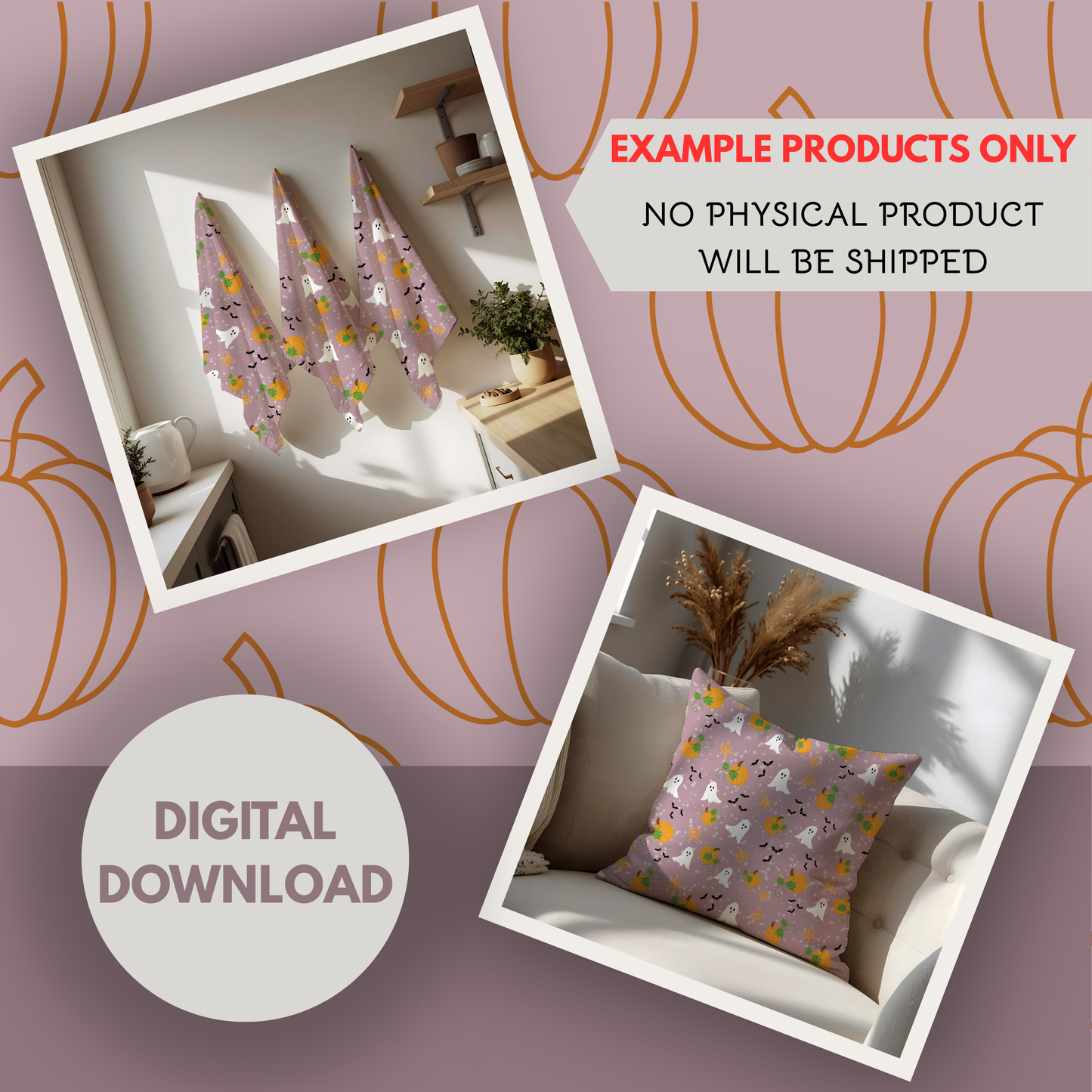 Pumpkins and Ghosts on Rose background Seamless Hand Drawn Digital Pattern | 300 DPI PNG | Instant Download