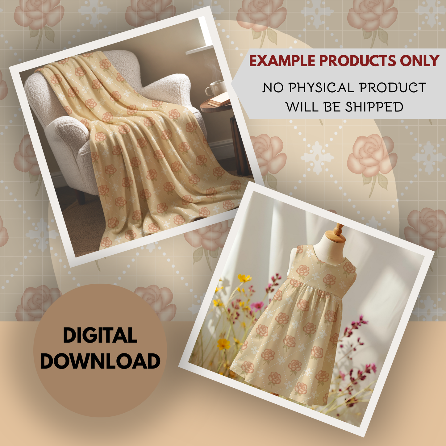 Rose Diamond Vintage Coquette Seamless Hand Drawn Digital Pattern | 300 DPI PNG | Instant Download