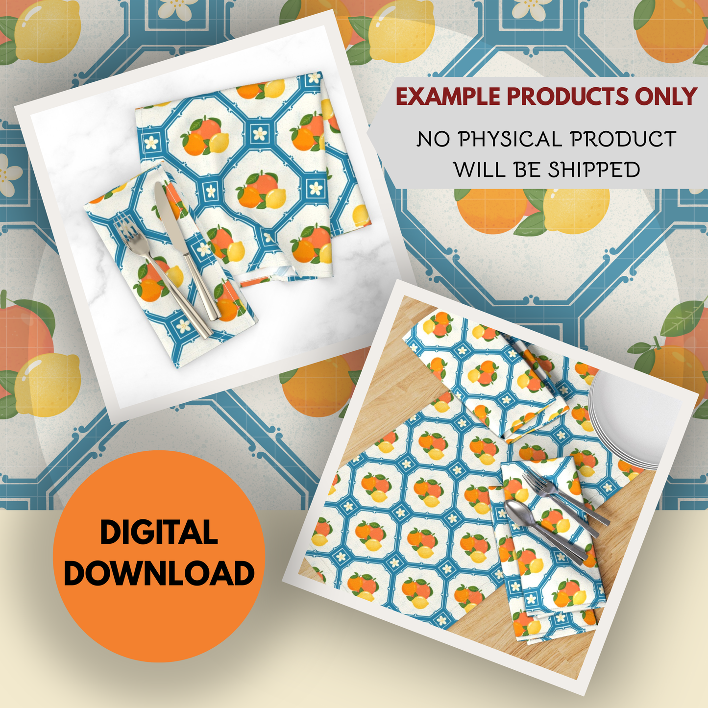 Mediterranean Citrus Seamless Hand Drawn Digital Pattern | 300 DPI PNG | Instant Download