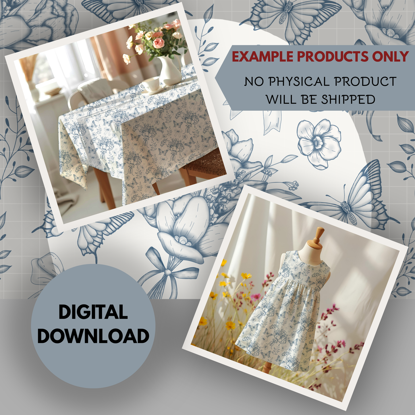 Toile De Jouy Bouquet in blue Seamless Hand Drawn Digital Pattern | 300 DPI PNG | Instant Download