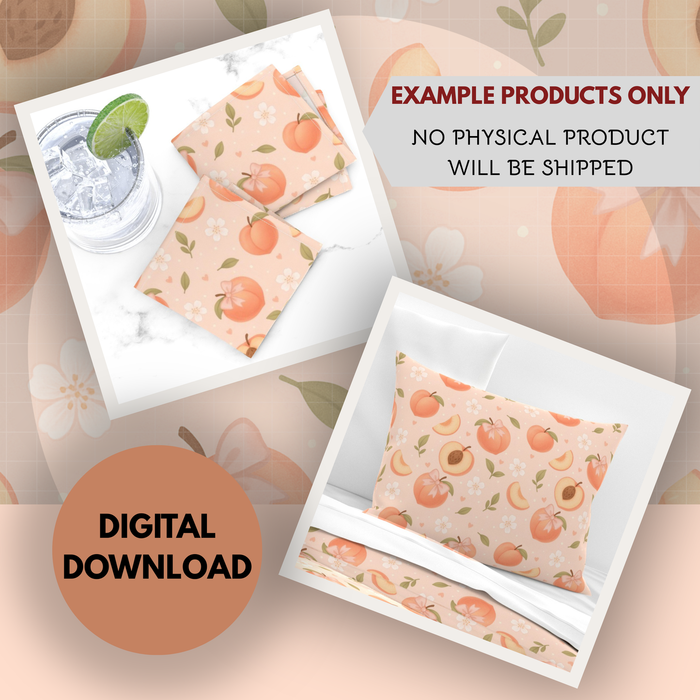 Just Peachy Seamless Hand Drawn Digital Pattern | 300 DPI PNG | Instant Download