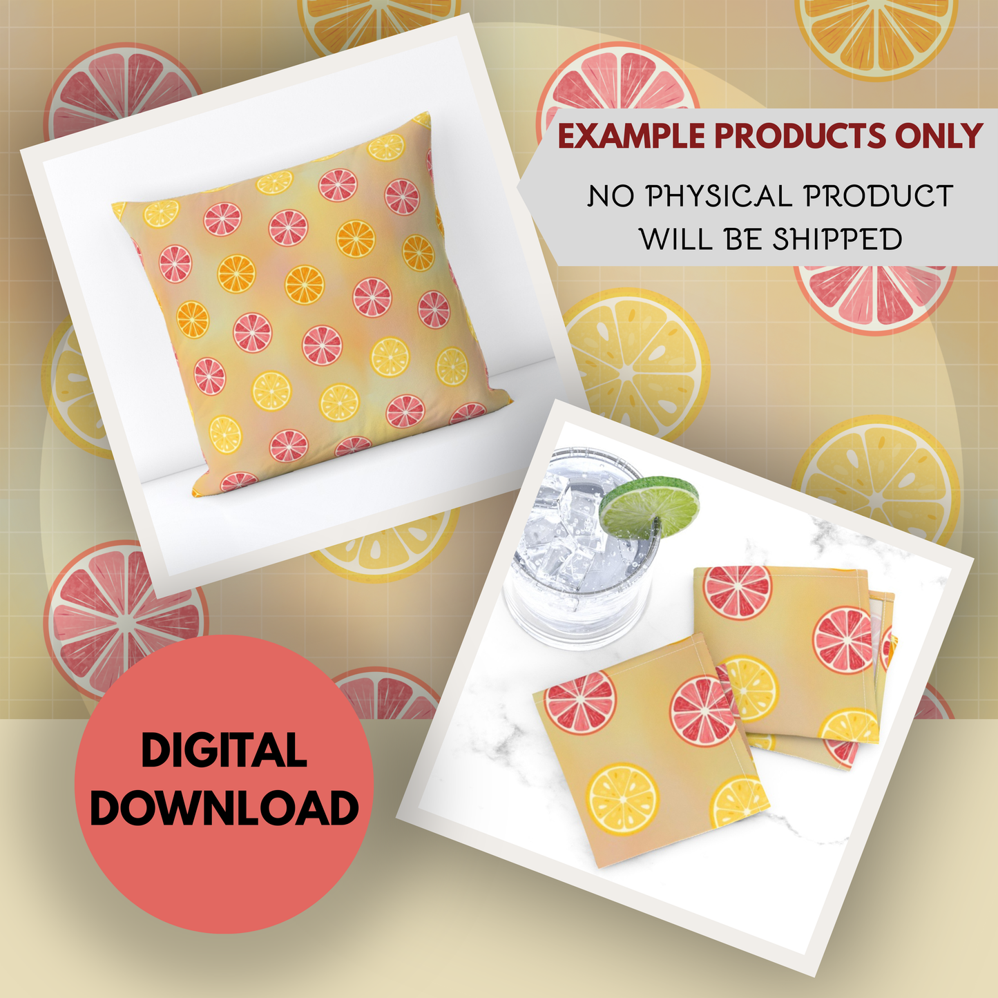 Citrus Slice Seamless Hand Drawn Digital Pattern | 300 DPI PNG | Instant Download