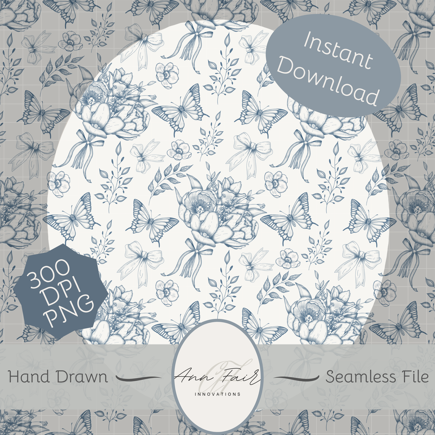 Toile De Jouy Bouquet in blue Seamless Hand Drawn Digital Pattern | 300 DPI PNG | Instant Download