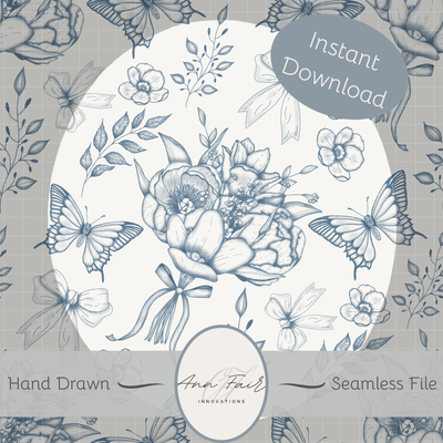 Toile De Jouy Bouquet in blue Seamless Hand Drawn Digital Pattern | 300 DPI PNG | Instant Download