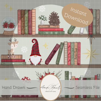 Cottagecore Christmas Bookshelf Seamless Hand Drawn Digital Pattern | 300 DPI PNG | Instant Download