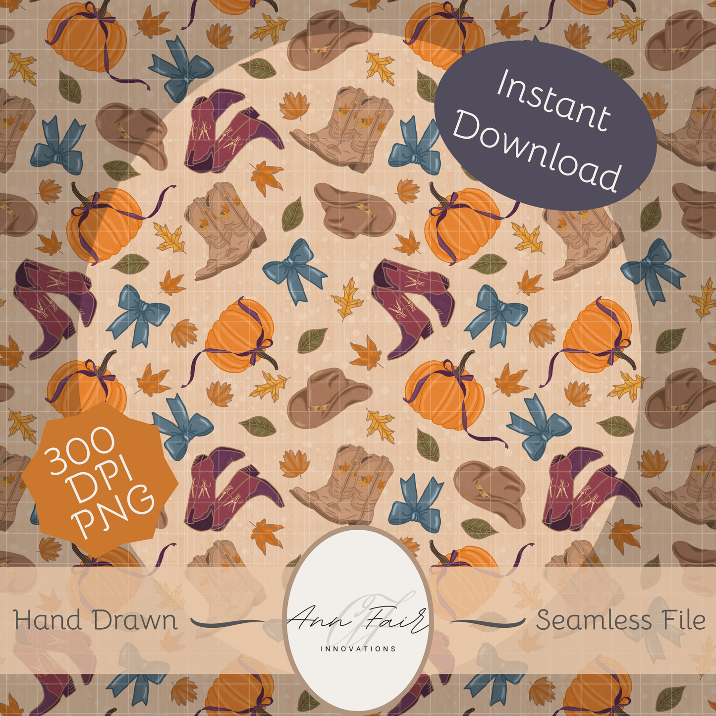 Autumn Cowgirl plum boots hand drawn Seamless Digital Pattern | 300 DPI PNG | Instant Download