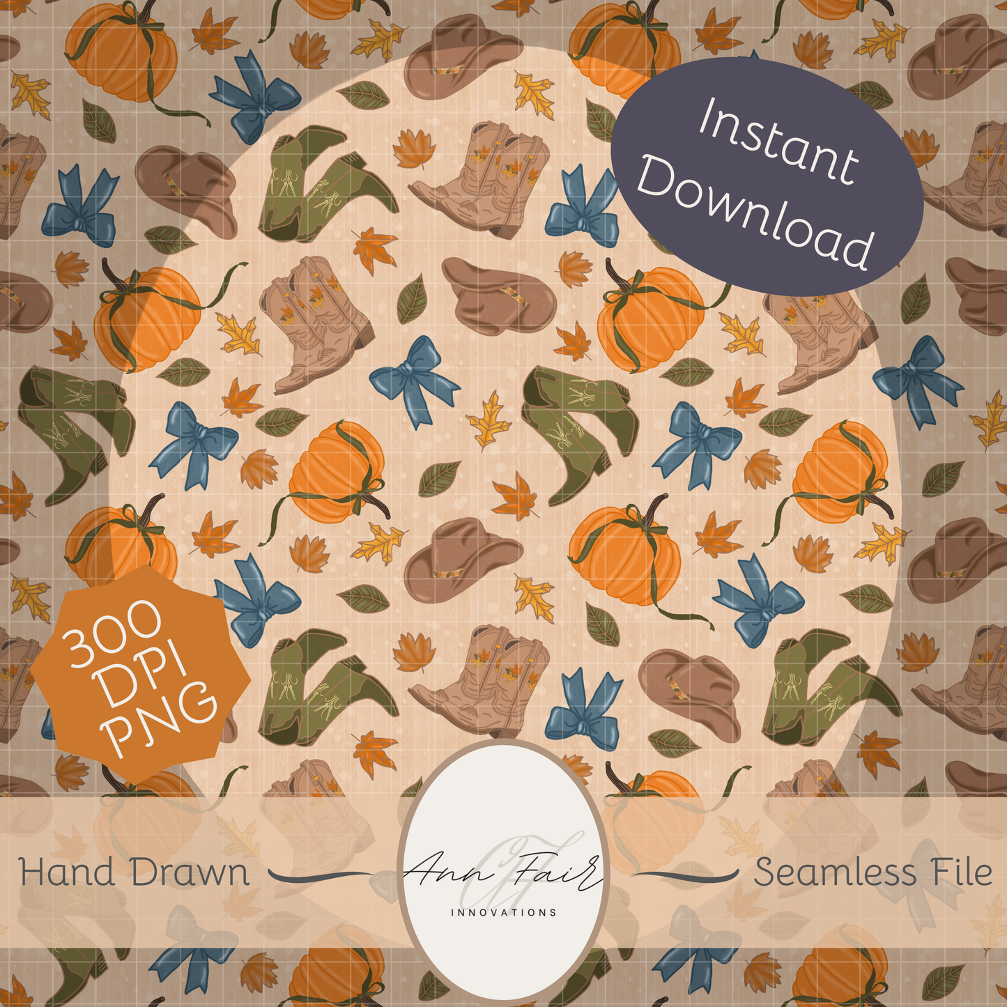 Autumn Cowgirl green boots hand drawn Seamless Digital Pattern | 300 DPI PNG | Instant Download