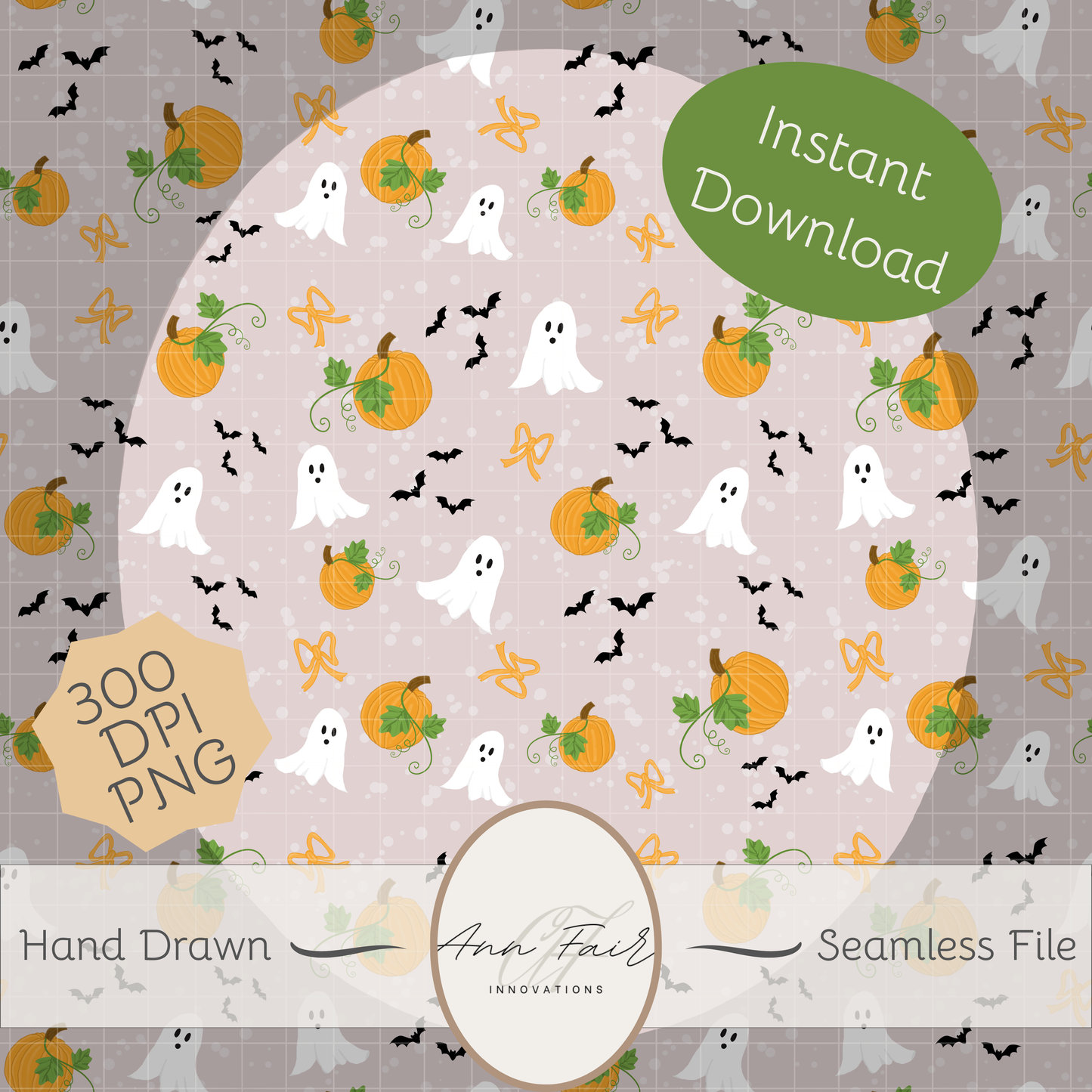 Pumpkins and Ghosts on Cream background Seamless Hand Drawn Digital Pattern | 300 DPI PNG | Instant Download