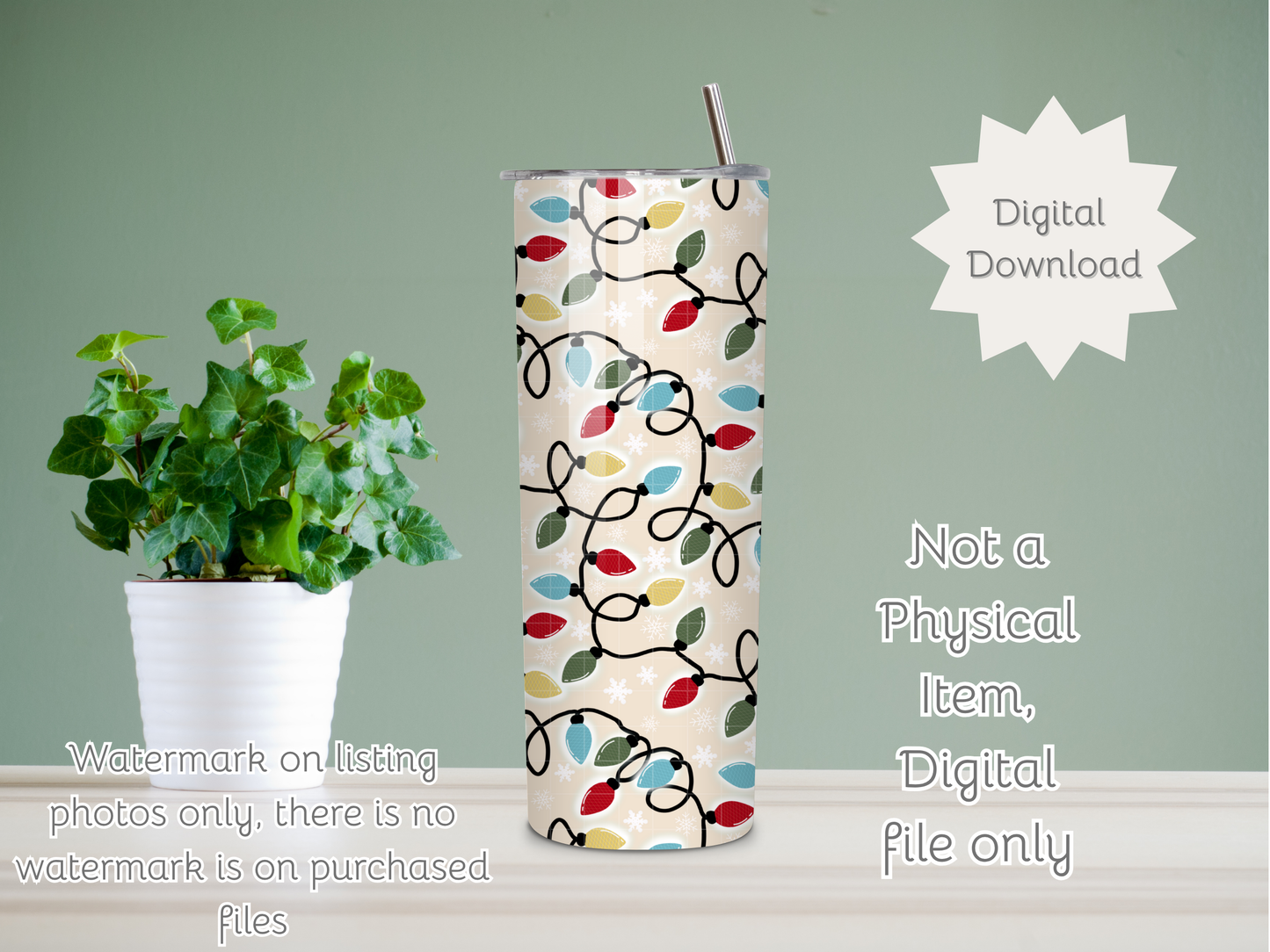 Vintage Christmas Lights Seamless PNG 20oz Skinny Tumbler Wrap | Sublimation 300 DPI Straight Tumbler Wrap | PNG Digital Wrap Digital Download