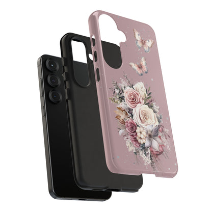 Dusty Rose Floral Phone Case - Tough Cases, Decorative Cell Phone Cover, Butterfly Design