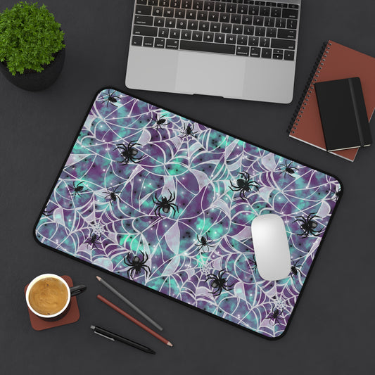 Desk Mat - Spooky Spider Web Pattern - Purple and Turquoise - Halloween Vibes