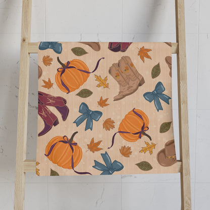 Fall-Themed Hand Towel, Autumn Decor, Kitchen Towel, Seasonal Gift, Pumpkin and Boots Design, Thanksgiving, Home decor