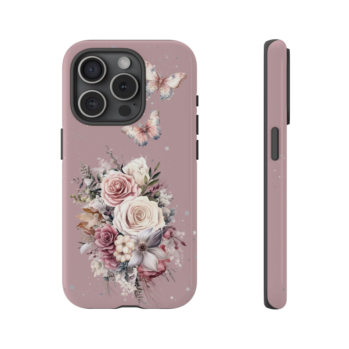 Dusty Rose Floral Phone Case - Tough Cases, Decorative Cell Phone Cover, Butterfly Design