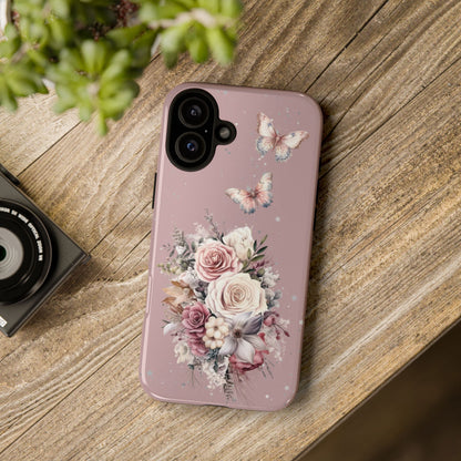 Dusty Rose Floral Phone Case - Tough Cases, Decorative Cell Phone Cover, Butterfly Design