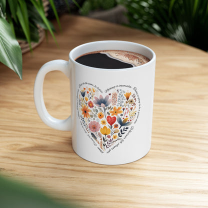Positive Heart Inspirational Ceramic Mug, Botanical Coffee Cup, Gift for Friends, Quotes Mug for Home or Office, Beautiful Tea Mug