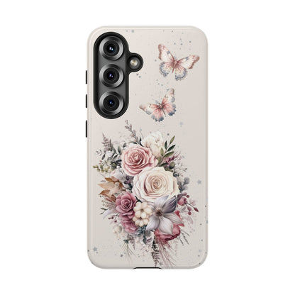 Cream Floral Phone Case - Tough Cases, Decorative Cell Phone Cover, Butterfly Design
