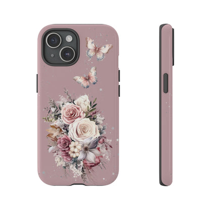 Dusty Rose Floral Phone Case - Tough Cases, Decorative Cell Phone Cover, Butterfly Design