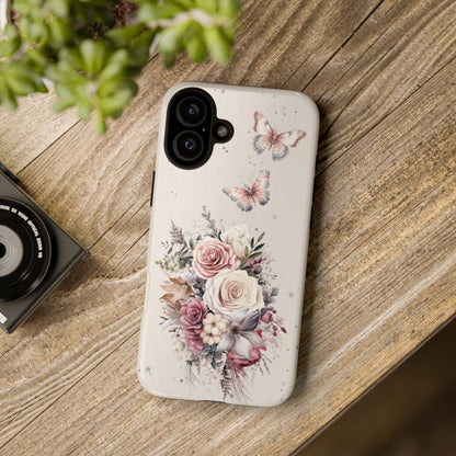 Cream Floral Phone Case - Tough Cases, Decorative Cell Phone Cover, Butterfly Design