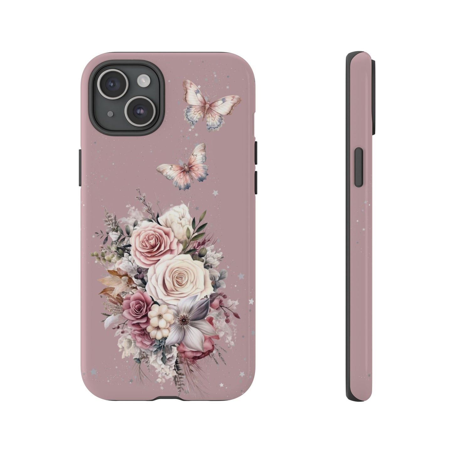 Dusty Rose Floral Phone Case - Tough Cases, Decorative Cell Phone Cover, Butterfly Design