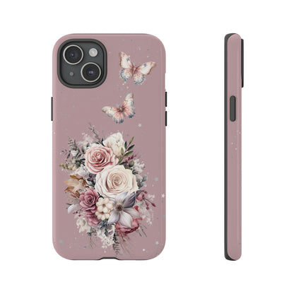Dusty Rose Floral Phone Case - Tough Cases, Decorative Cell Phone Cover, Butterfly Design