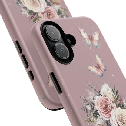 Dusty Rose Floral Phone Case - Tough Cases, Decorative Cell Phone Cover, Butterfly Design