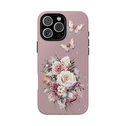 Dusty Rose Floral Phone Case - Tough Cases, Decorative Cell Phone Cover, Butterfly Design