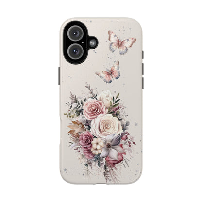 Cream Floral Phone Case - Tough Cases, Decorative Cell Phone Cover, Butterfly Design