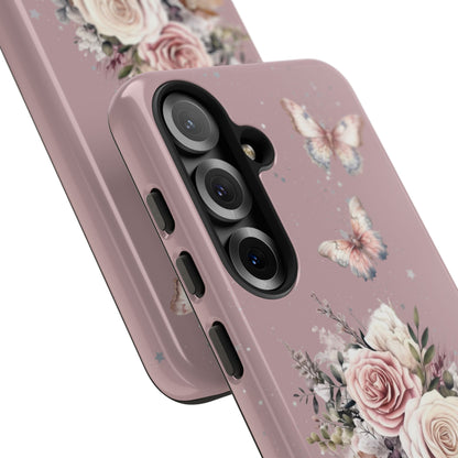 Dusty Rose Floral Phone Case - Tough Cases, Decorative Cell Phone Cover, Butterfly Design