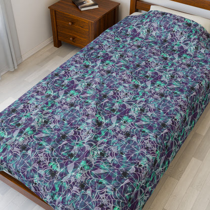 Plush Blanket - Spooky Spider Web Pattern in Purple and Turquoise for Halloween