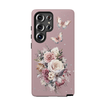 Dusty Rose Floral Phone Case - Tough Cases, Decorative Cell Phone Cover, Butterfly Design