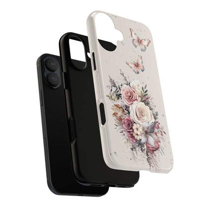 Cream Floral Phone Case - Tough Cases, Decorative Cell Phone Cover, Butterfly Design