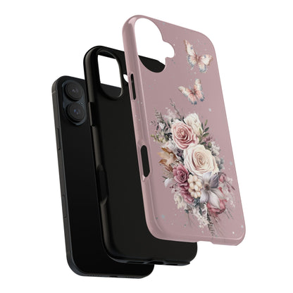 Dusty Rose Floral Phone Case - Tough Cases, Decorative Cell Phone Cover, Butterfly Design