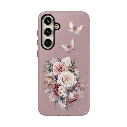 Dusty Rose Floral Phone Case - Tough Cases, Decorative Cell Phone Cover, Butterfly Design