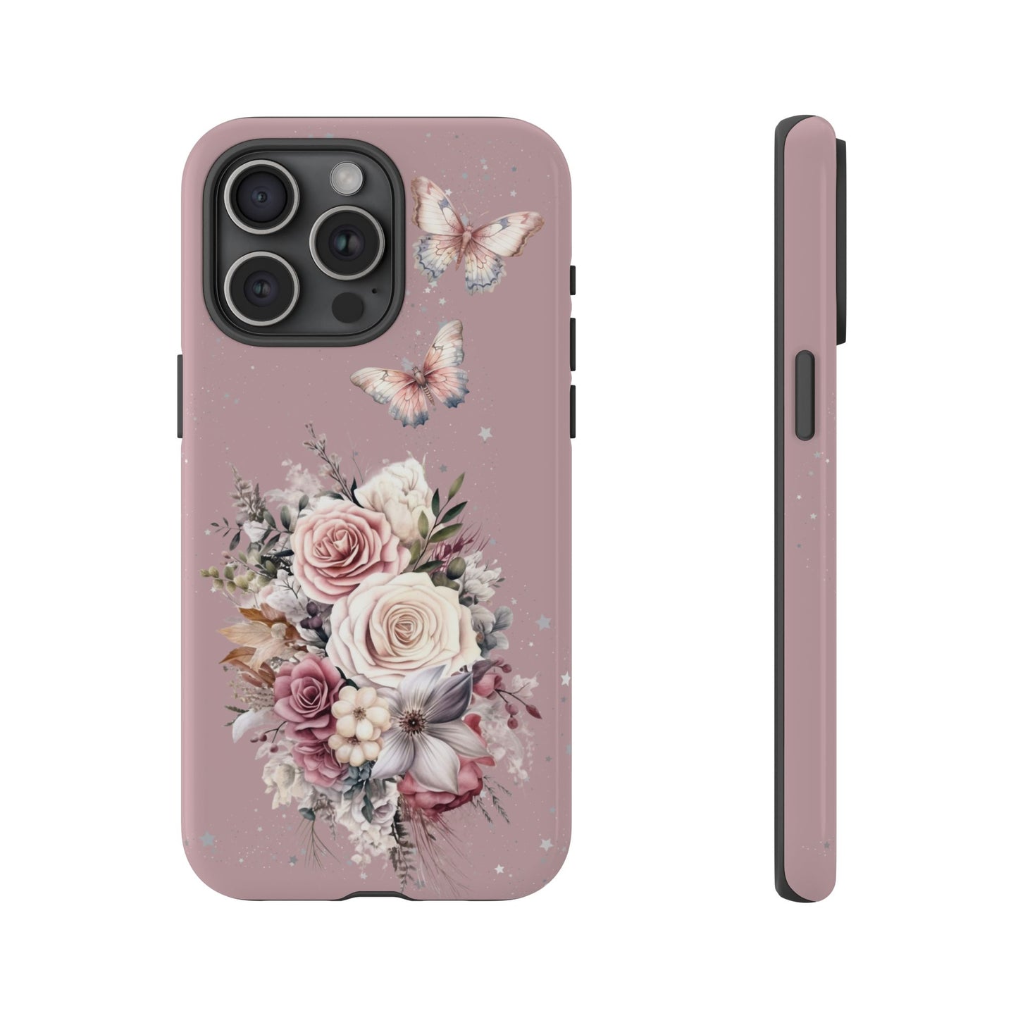 Dusty Rose Floral Phone Case - Tough Cases, Decorative Cell Phone Cover, Butterfly Design