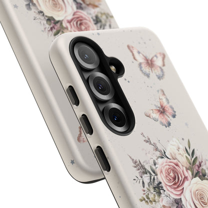 Cream Floral Phone Case - Tough Cases, Decorative Cell Phone Cover, Butterfly Design