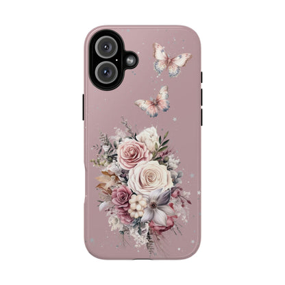 Dusty Rose Floral Phone Case - Tough Cases, Decorative Cell Phone Cover, Butterfly Design