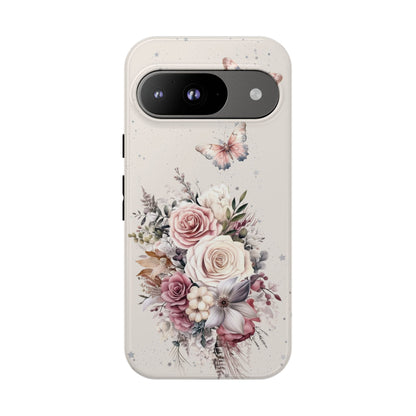 Cream Floral Phone Case - Tough Cases, Decorative Cell Phone Cover, Butterfly Design