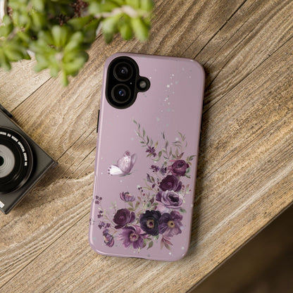 Blush Purple Floral Phone Case - Tough Cases, Decorative Cell Phone Cover, Butterfly Design