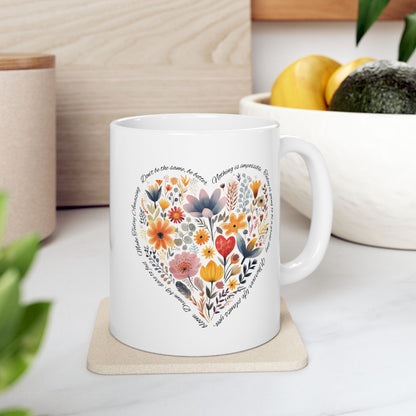 Positive Heart Inspirational Ceramic Mug, Botanical Coffee Cup, Gift for Friends, Quotes Mug for Home or Office, Beautiful Tea Mug