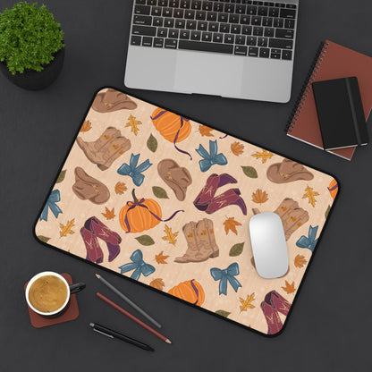 Desk Mat - Autumn Cowgirl Pumpkins and Fall Leaves Design