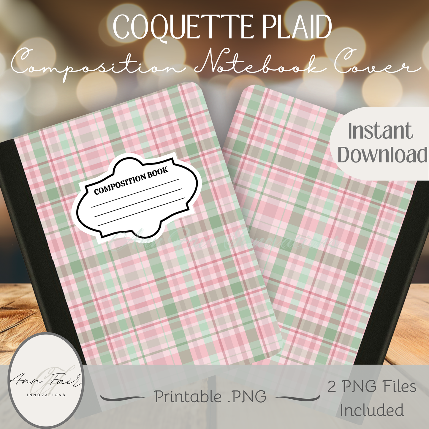 Coquette Plaid Composition Notebook Cover | Digital Download PNG | Back to School, Journaling, DIY Custom Notebook, Sticker Paper Cover