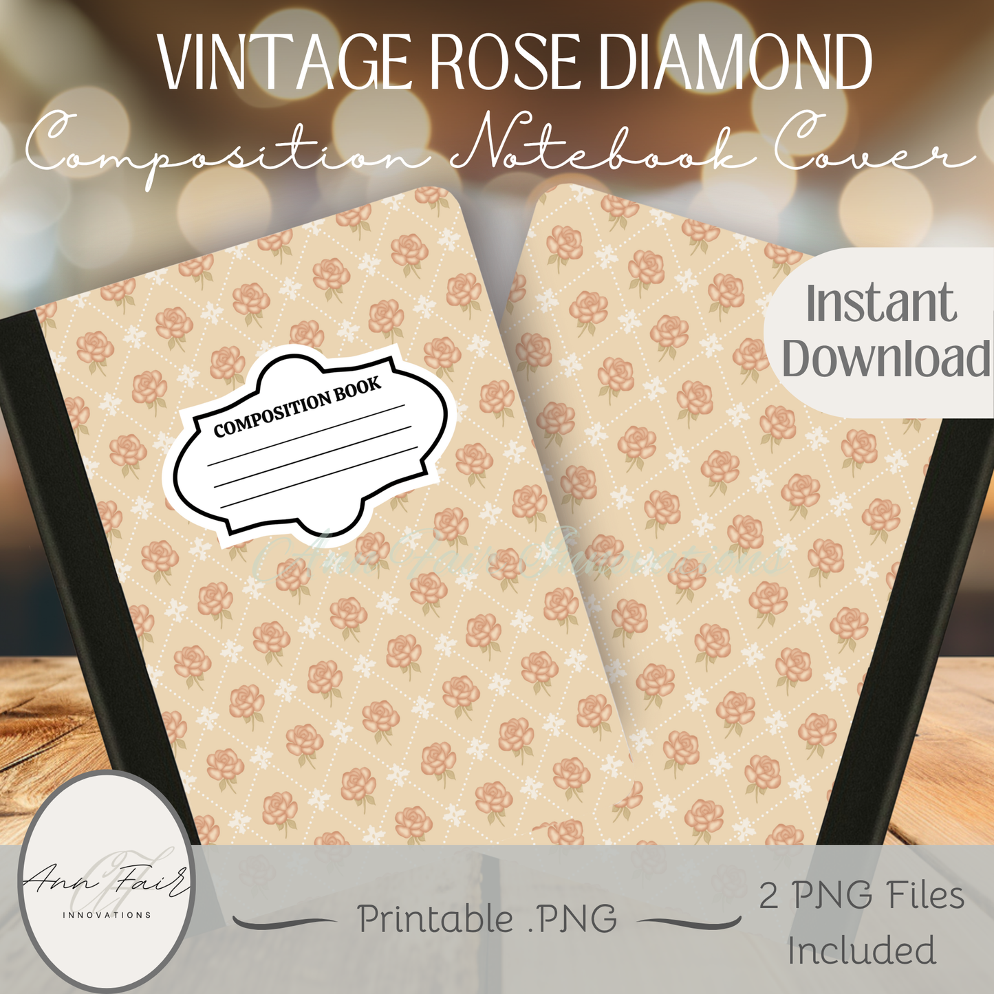 Vintage Rose Diamond Composition Notebook Cover | Digital Download PNG | Back to School, Journaling, DIY Custom Notebook, Sticker Paper Cover